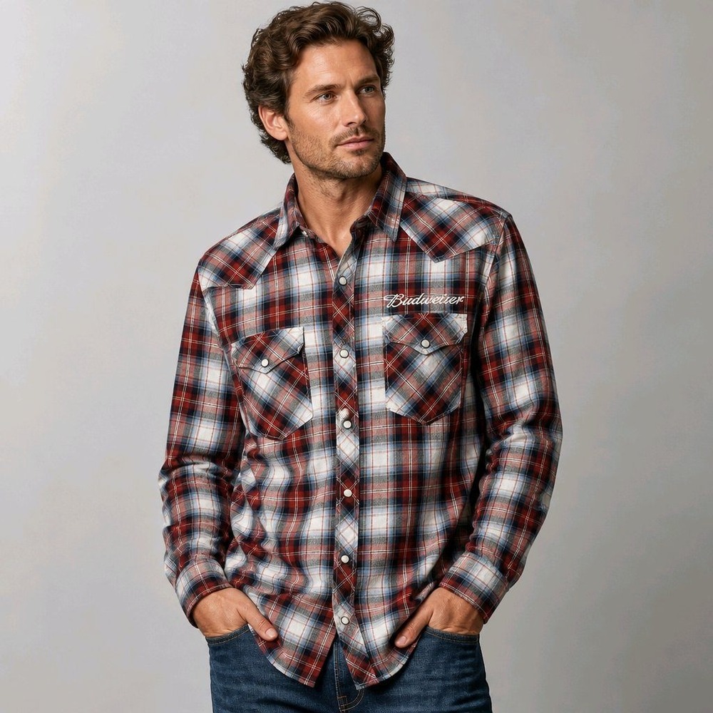 American Eagle Medium Plaid Budweiser Western pearl Snap Shirt